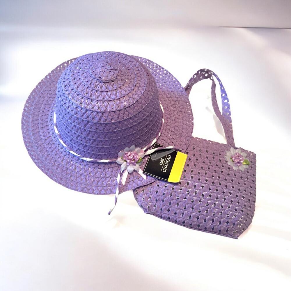 Girls Sun Hat And Purse Purple Woven Straw With Spring Flower Details Dress Up